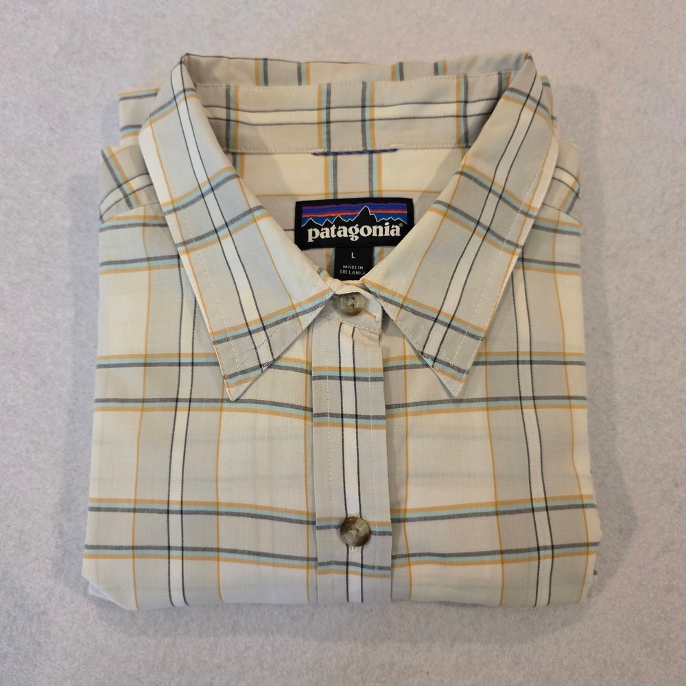 Patagonia Men Plaid Button Down Shirt‎ White Grey Teal  Organic Cotton L 52142
